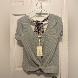 La Miel Gray Waffle Knit Knotted Front Tie-Back Top